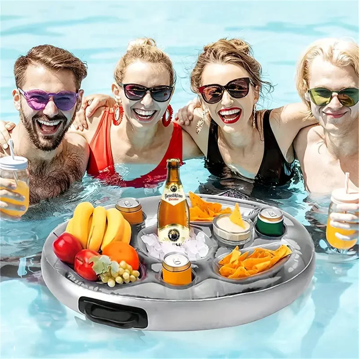 Inflatable Floating Drink Tray - 8 Cup Holders + Ice Compartment for Pool/Beach - Holds Drinks/Beer/Fruit