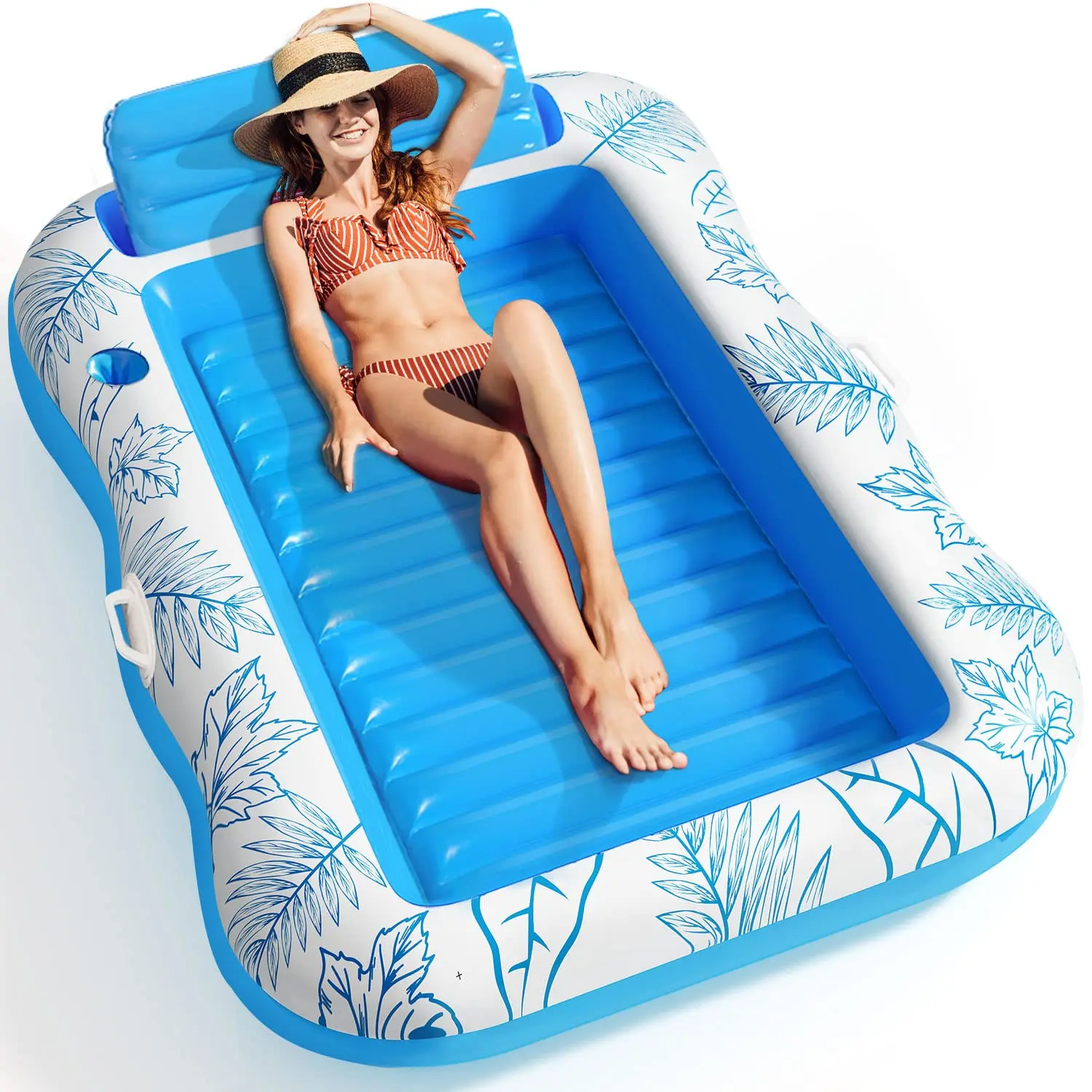 Inflatable Tanning Pool Lounger – Large (208 x 137 cm) – Premium Pool Float with Cupholders and Removeable Pillow, Palm Pattern